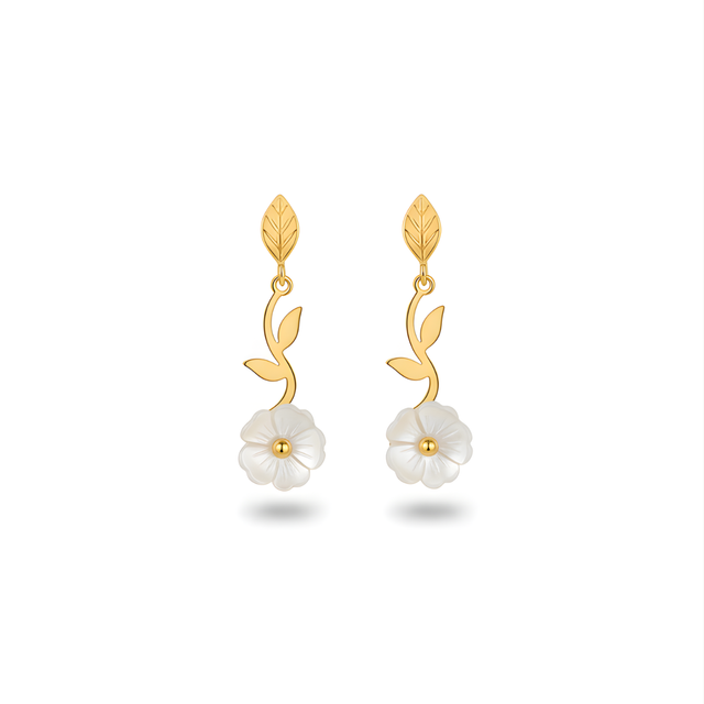 Boucles d'oreilles pendantes longues avec fleur et feuille en nacre, 100 % acier, plaqué or 18 carats