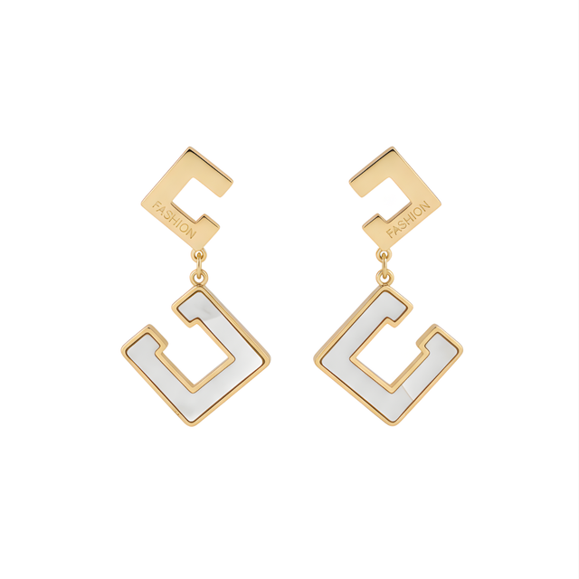 Boucles d'oreilles pendantes longues, design géométrique, nacre blanche, acier 100% plaqué or 18 carats