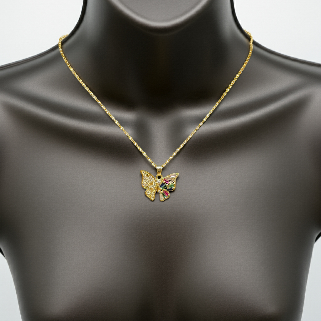 Collar Mariposa con Circonitas y Esmalte Multicolor - 100% Acero Bañado en Oro 18K