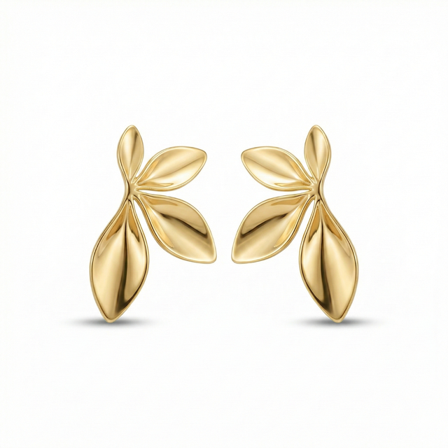 Boucles d'oreilles puces motif feuille organique – Acier plaqué or 18 carats