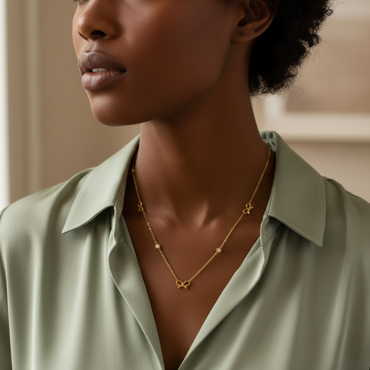 Necklace with Bows and Zirconia 100% 18K Gold Plated Steel