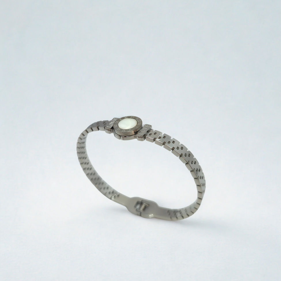 Bracelet rigide avec nacre centrale et motif texturé - 100 % acier rhodié noir