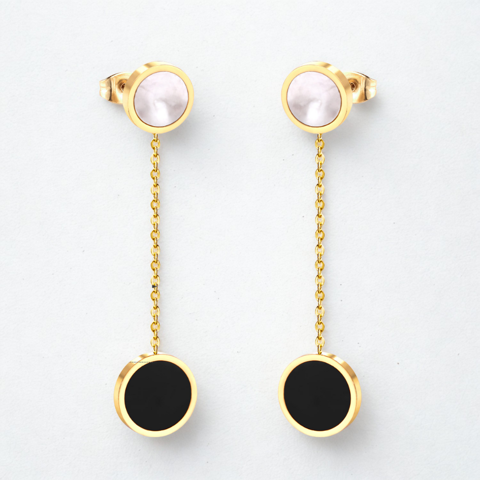 Circle Dangle Earrings with Mother-of-Pearl and Black Enamel - Gold Plated Stainless Steel