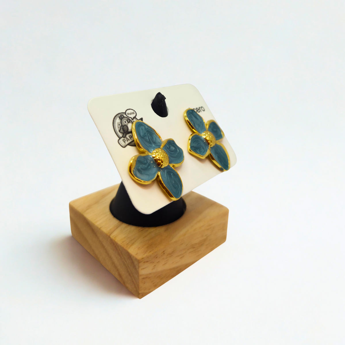 Pendientes de Botón con Flor de Pétalos Azul Petróleo y Centro Dorado - 100% Acero Bañado en Oro 18K