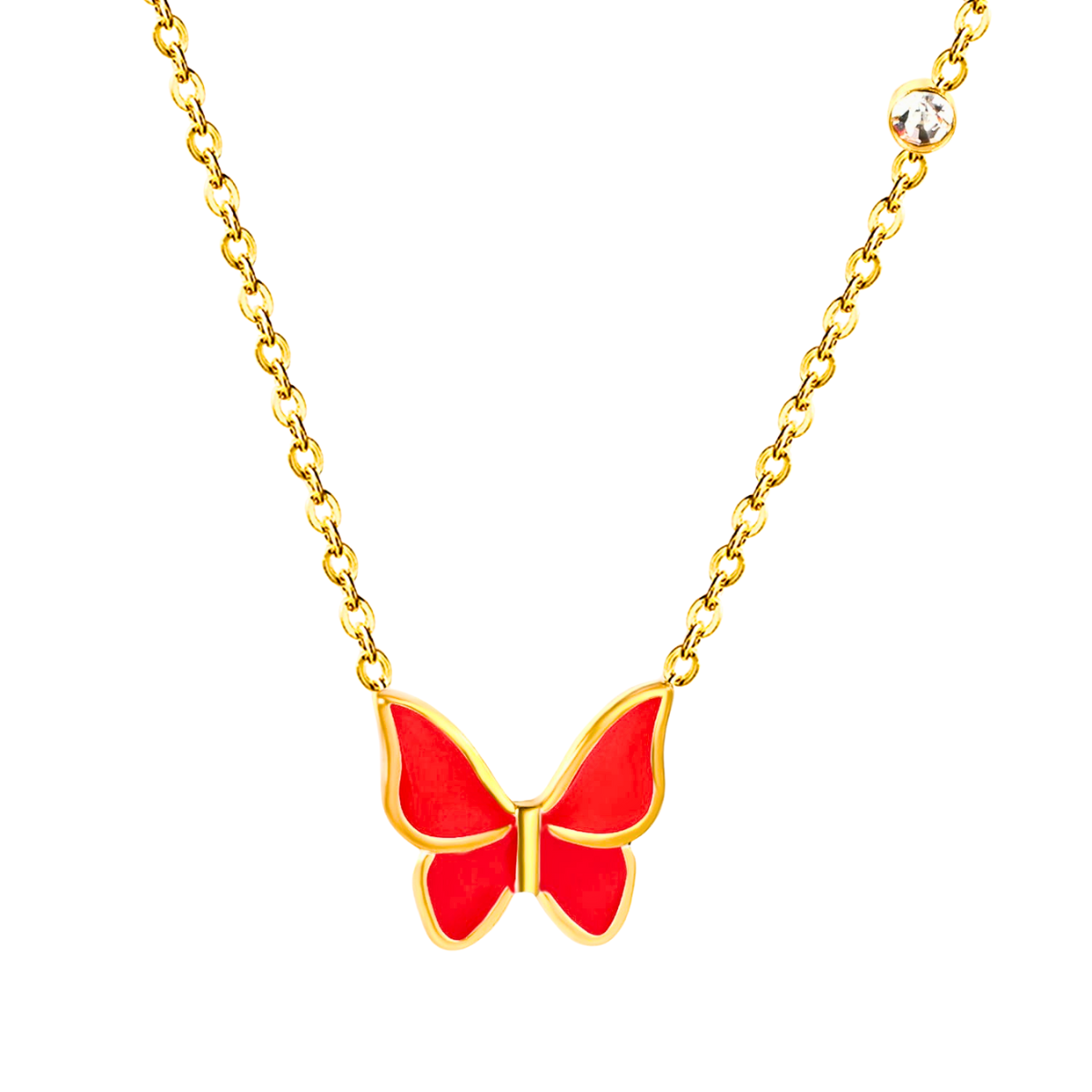 Collier pendentif papillon émaillé rouge avec zircone - 100 % acier plaqué or 18 carats