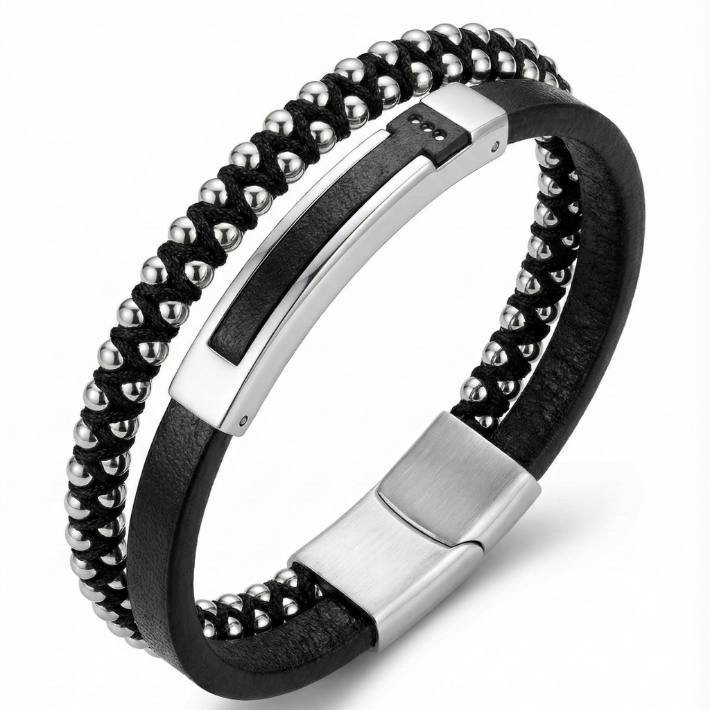 Pulsera para Hombre de Doble Hilera en Acero con Baño de Oro Blanco de 18K – Diseño Artesanal Hecho en España