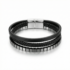 Pulsera de hombre triple hilera de cuero negro y cuentas de acero cuadradas con baño de oro blanco 18k.