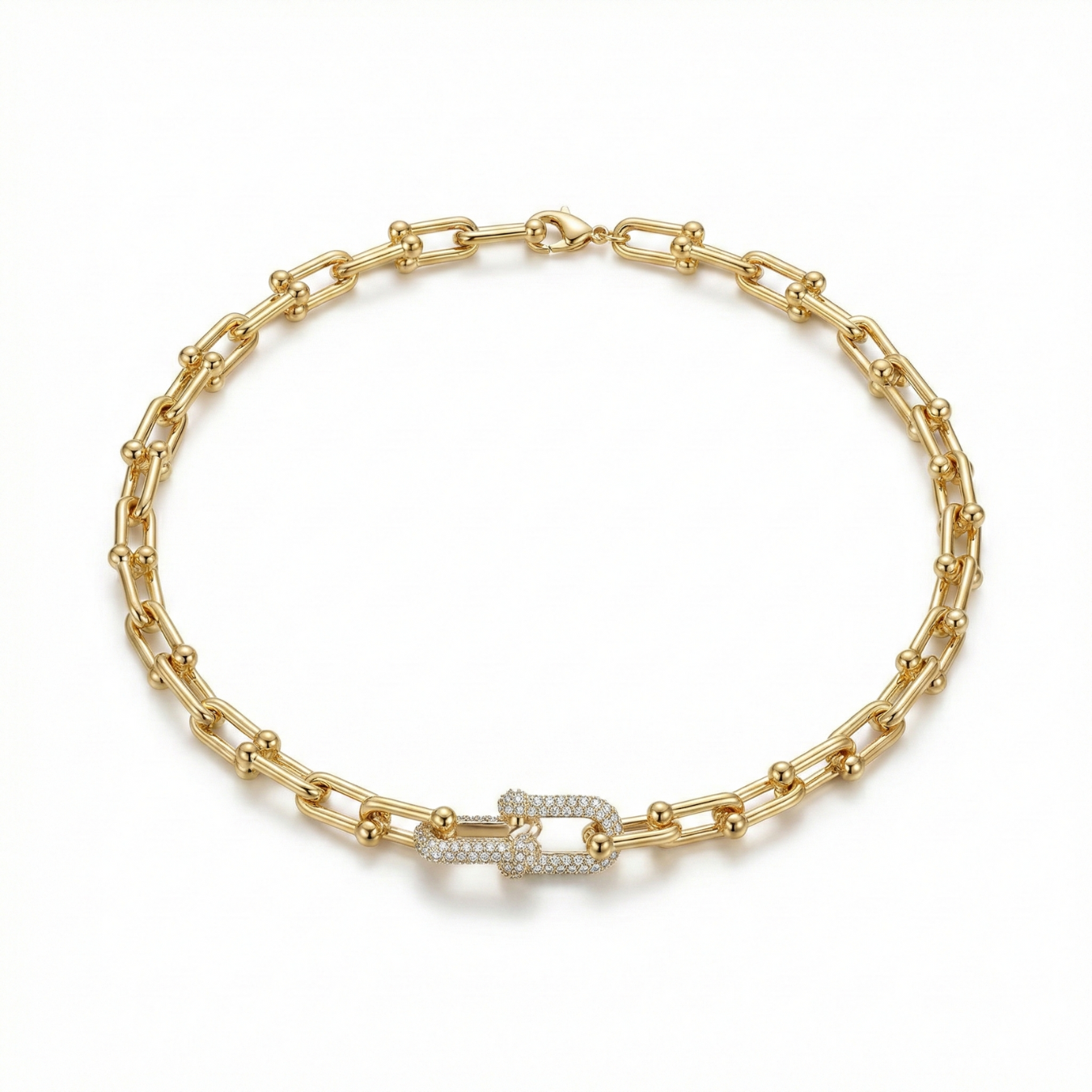 Gargantilla de acero 100% baño oro 18K diseño eslabones geométricos con cristales."