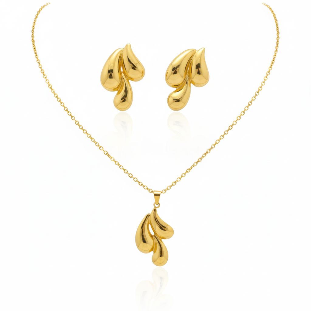 Curved Abstract Design Necklace and Earrings Set - 100% 18K Gold Plated Steel