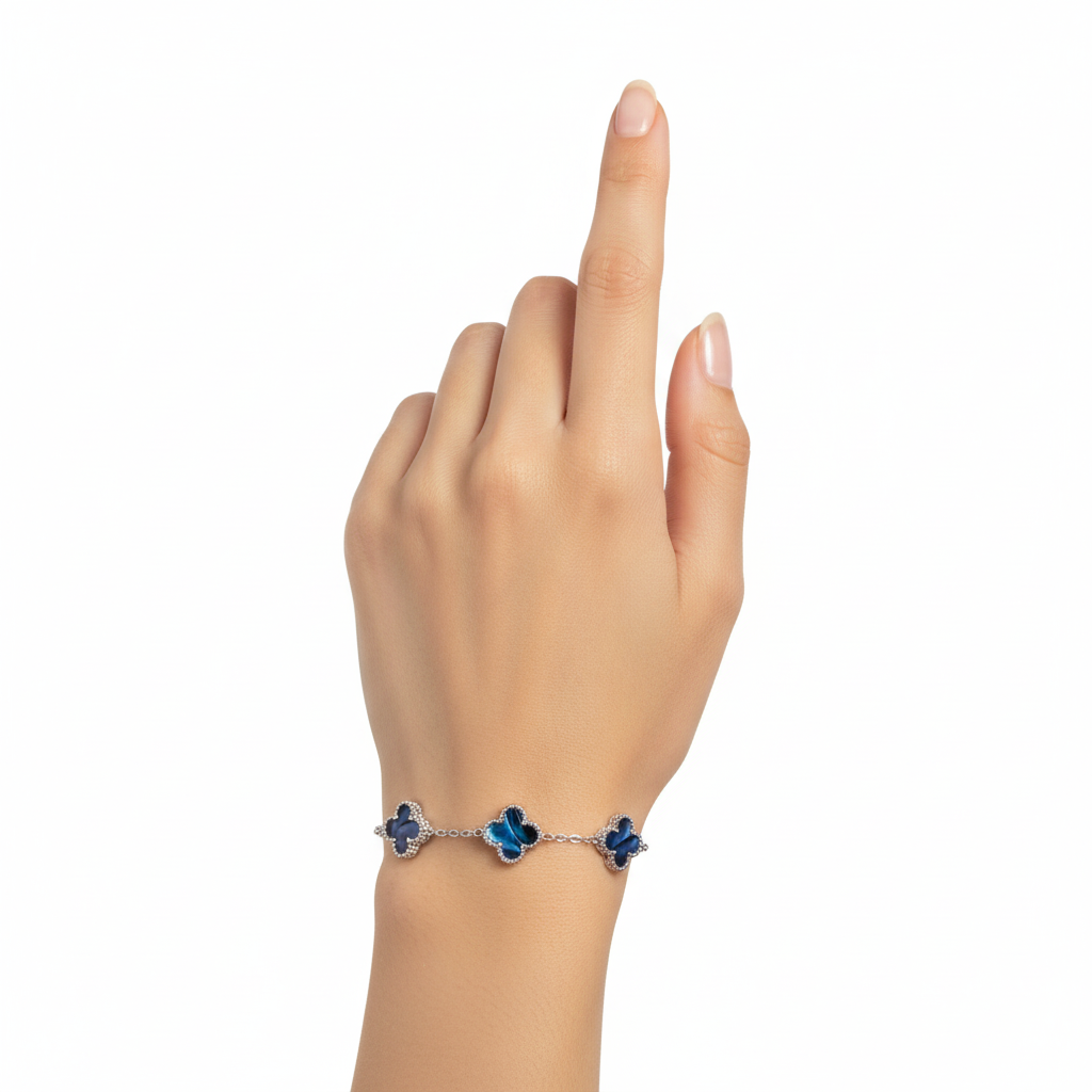 Pulsera de Trébol Azul Mármol Iridiscente 100% Acero Inoxidable Color Plata