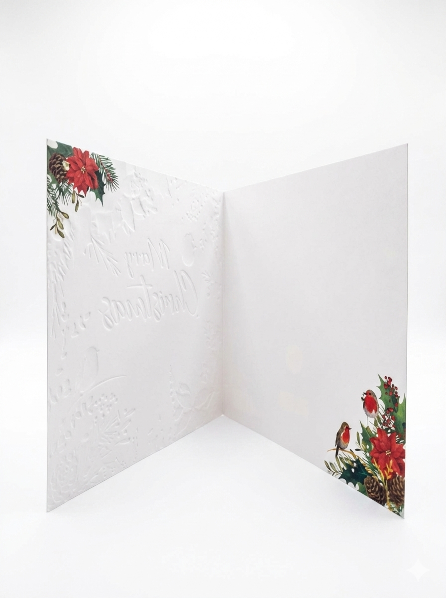 Tarjeta Navideña Tradicional con Botánica, Petirrojos y Texto Dorado (Incluye Sobre)