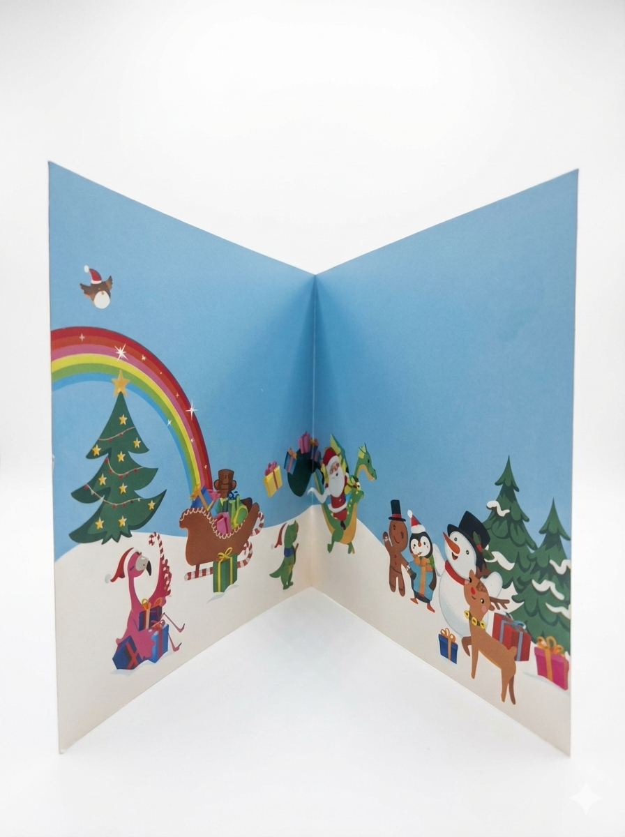 Tarjeta Navideña Fantasía: Papá Noel en Trineo con Dinosaurios, Unicornios y Dragón (Incluye Sobre)