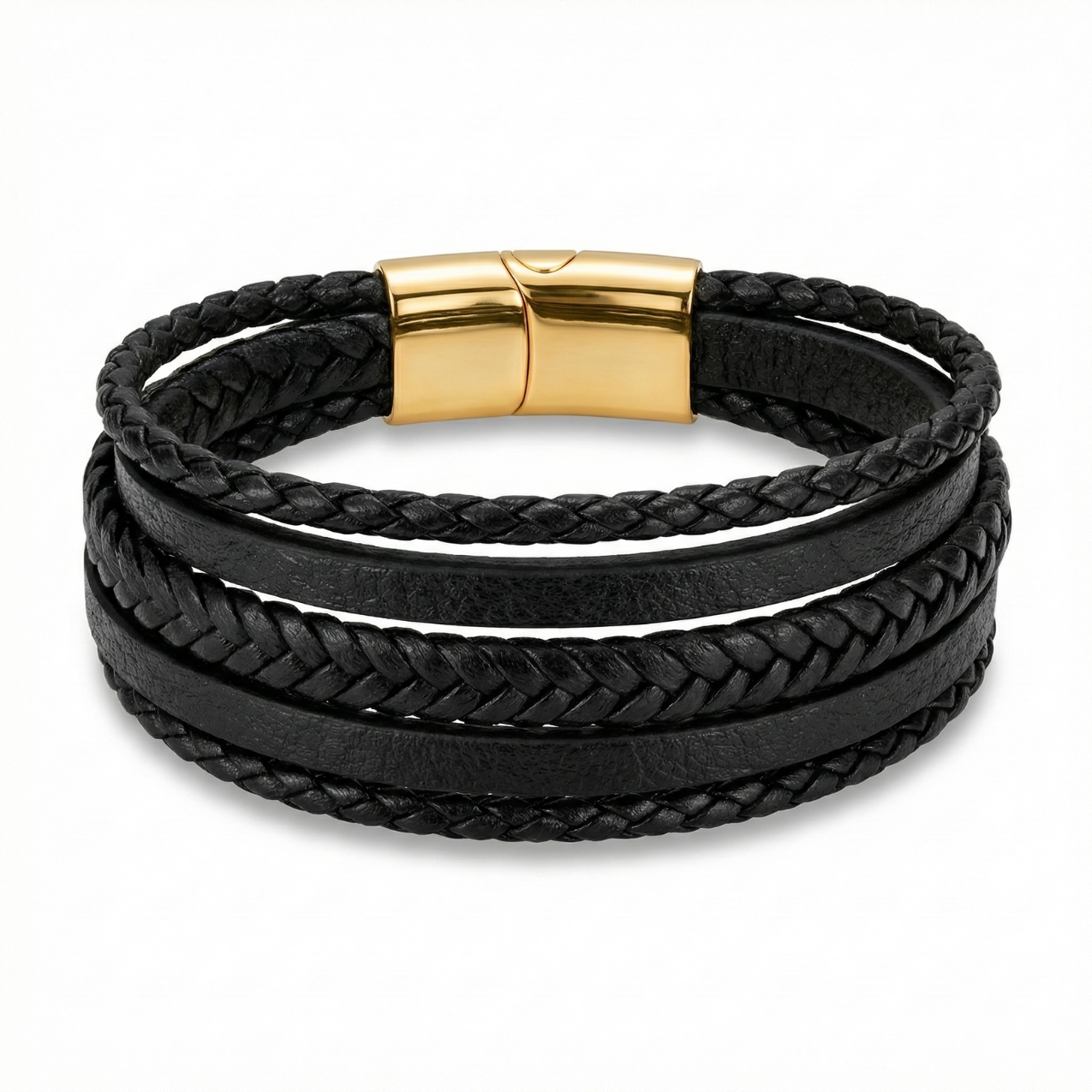 Potencia tu estilo con nuestra pulsera multicapa para hombre. Hecha en España con cuero negro y 100% acero bañado en oro de 18K. Calidad premium con 1 año de garantía. ¡Compra artesanía española!"