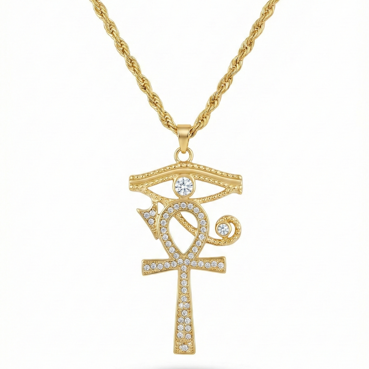 Ankh and Eye of Horus Necklace with Diamonds - 100% Steel Plated in 18K Gold