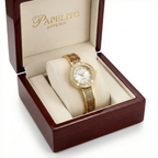 Rigid Bracelet Watch with Greek Key Pattern and Crystals – 100% 18K Gold Plated Steel