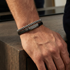 Bracelet pour homme en cuir noir avec double cordon et acier plaqué or blanc 18 carats - Fabriqué en Espagne