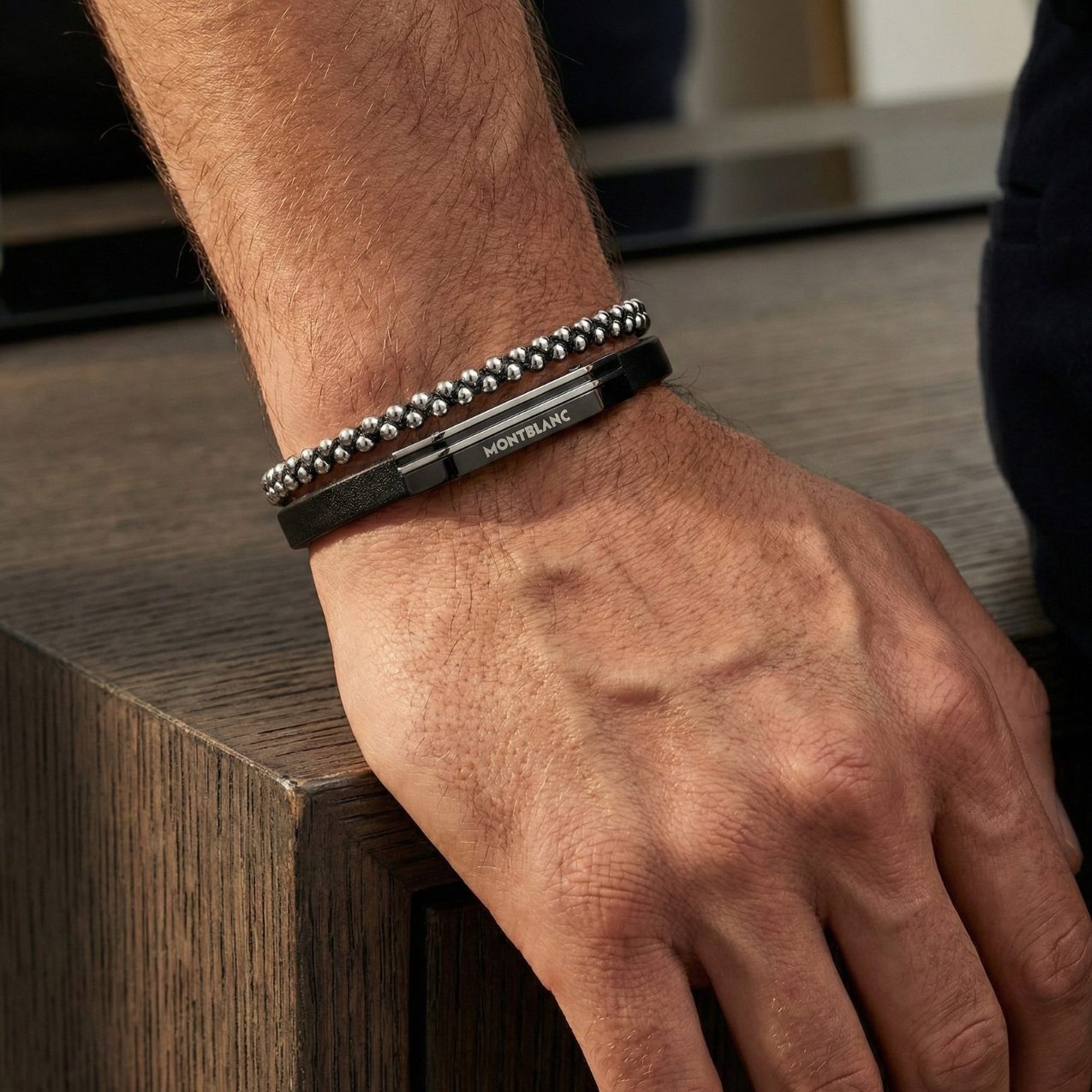 Bracelet pour homme en cuir noir avec double cordon et acier plaqué or blanc 18 carats - Fabriqué en Espagne