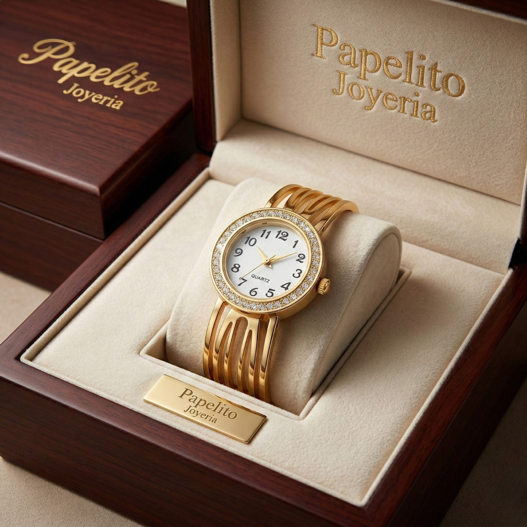 Multi-line Rigid Bracelet Watch with Crystals – 100% 18K Gold Plated Steel