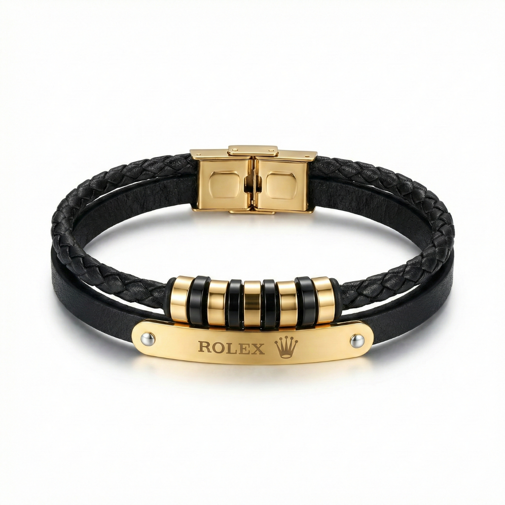 Premium Braided Leather and Stainless Steel Bracelet – 18K Gold Plated – Made in Spain