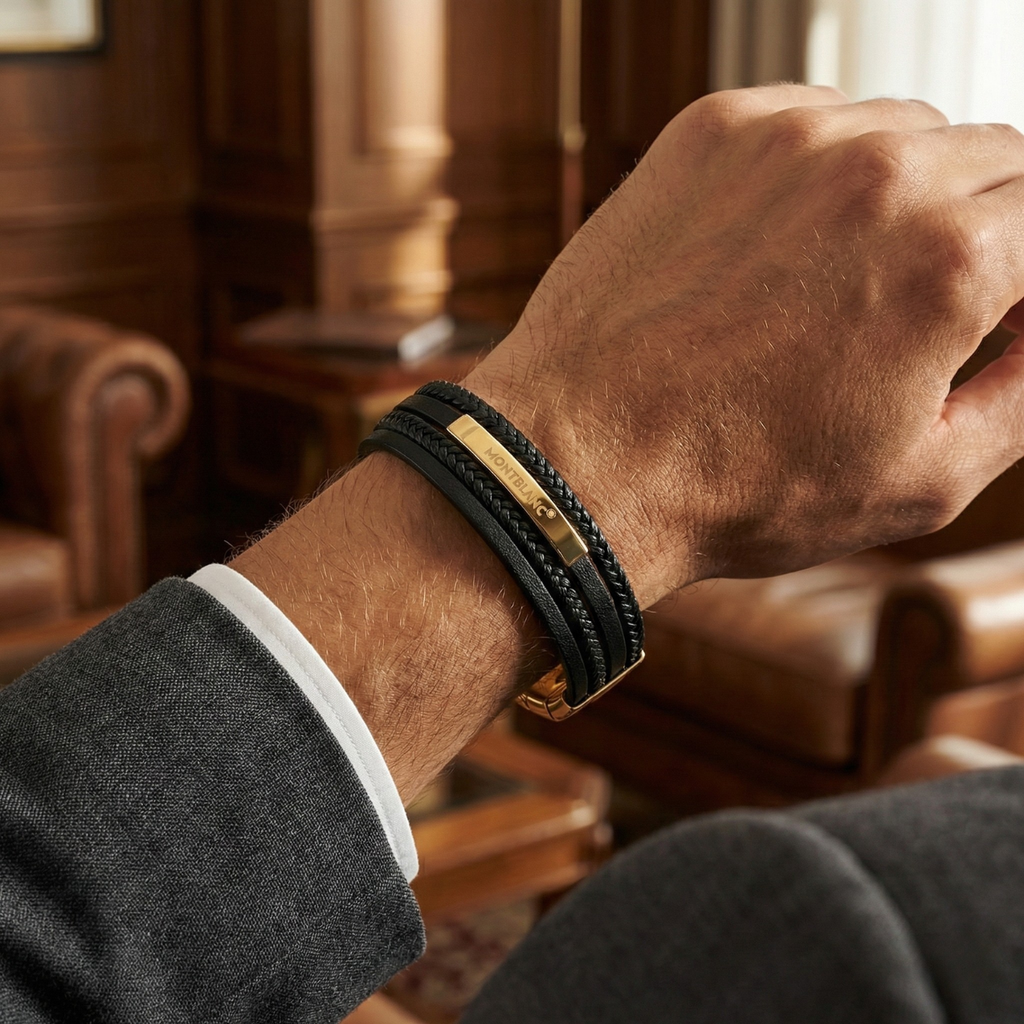 Pulsera para Hombre de Cuero Negro y Placa de Identidad – 100% Acero Bañado en Oro 18K