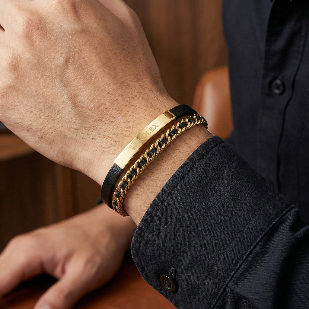 Bracelet et chaîne en cuir noir pour homme – Acier plaqué or 18 carats