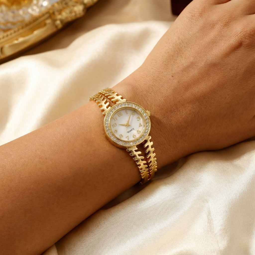 Openwork Rigid Bracelet Watch with Crystals – 100% 18K Gold Plated Steel