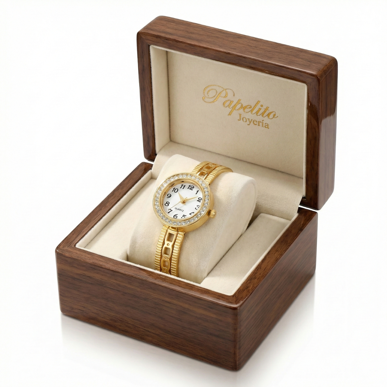 Reloj de Brazalete Rígido con Eslabones Calados y Cristales – 100% Acero Bañado en Oro 18K