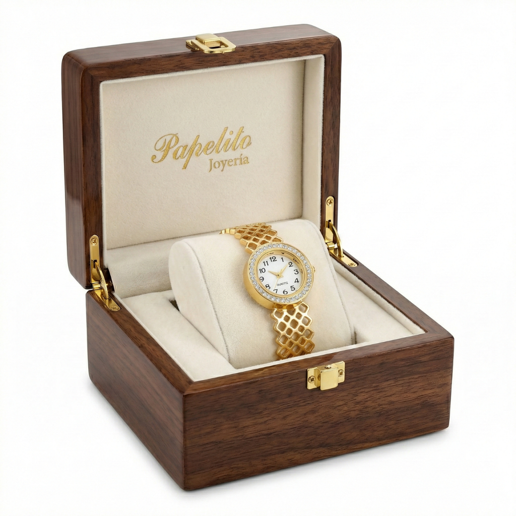 Rigid Bracelet Watch with Net Design and Crystals – 100% 18K Gold Plated Steel