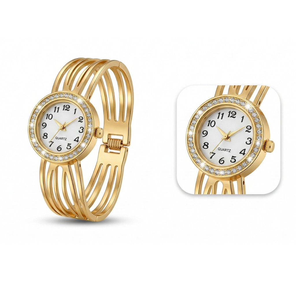 Multi-line Rigid Bracelet Watch with Crystals – 100% 18K Gold Plated Steel