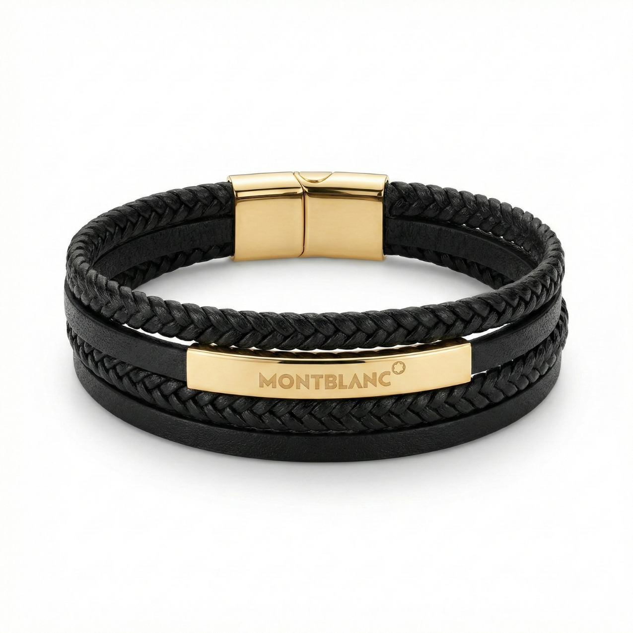 Pulsera para Hombre de Cuero Negro y Placa de Identidad – 100% Acero Bañado en Oro 18K