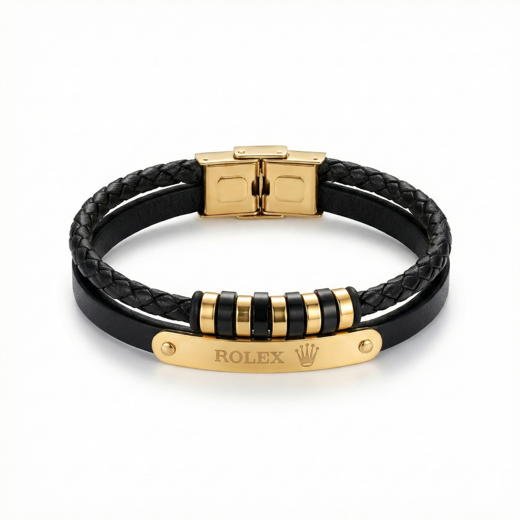 Premium Braided Leather and Stainless Steel Bracelet – 18K Gold Plated – Made in Spain