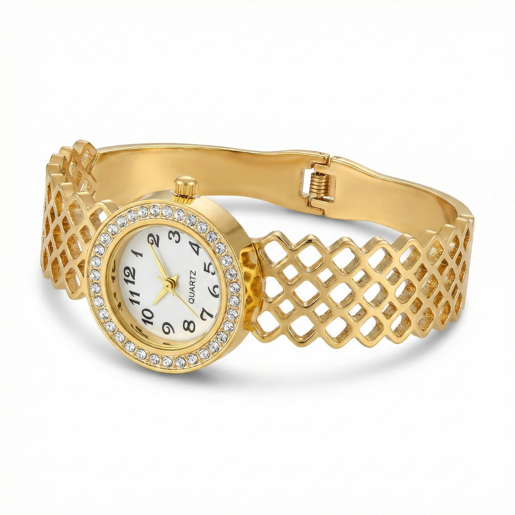 Rigid Bracelet Watch with Net Design and Crystals – 100% 18K Gold Plated Steel