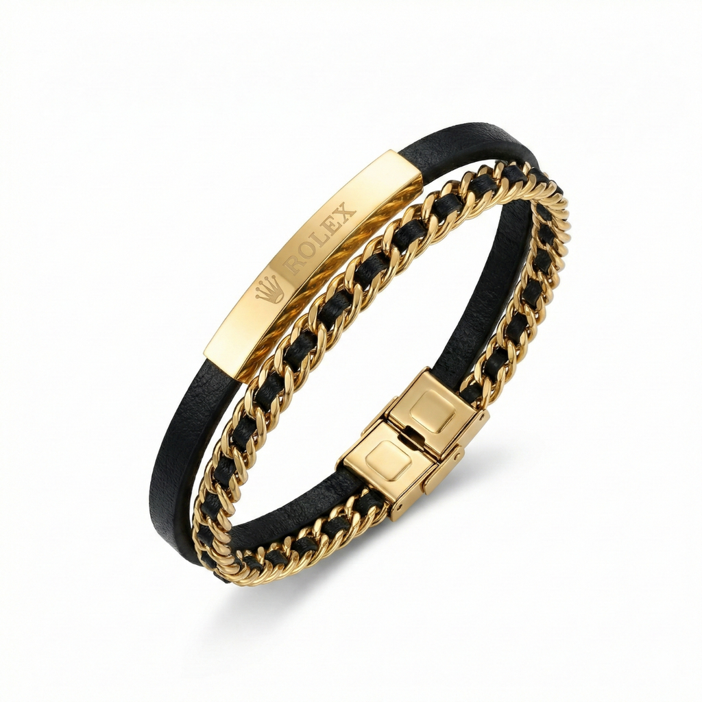 Bracelet et chaîne en cuir noir pour homme – Acier plaqué or 18 carats