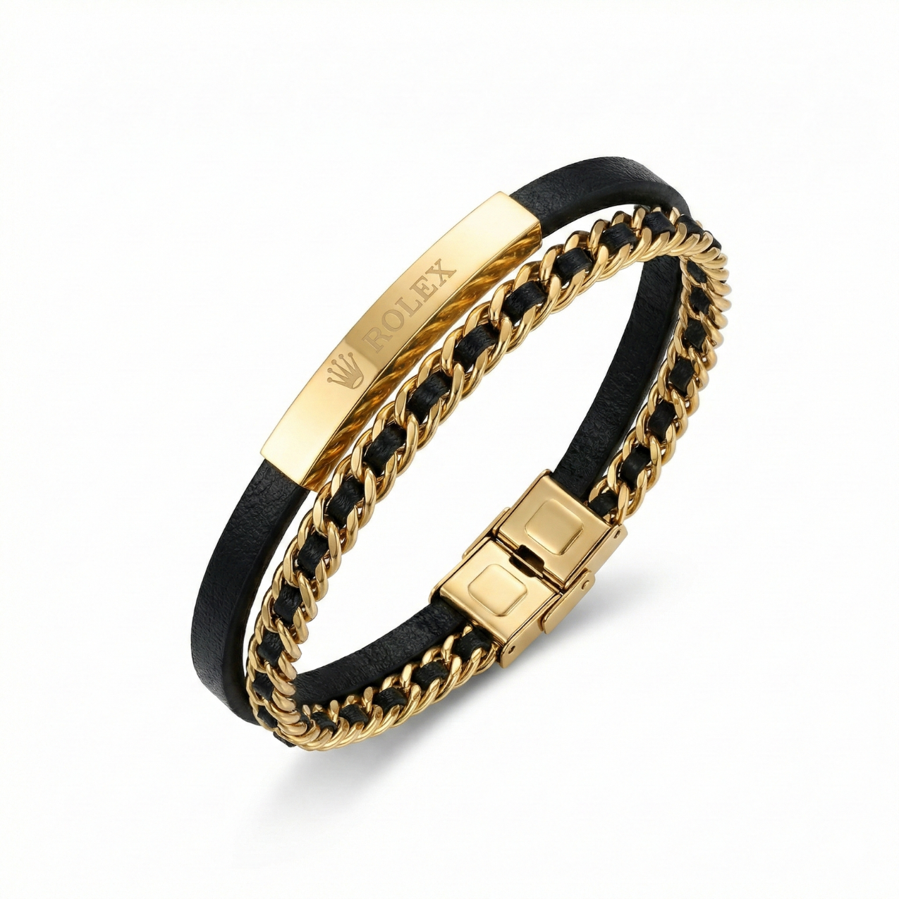 Bracelet et chaîne en cuir noir pour homme – Acier plaqué or 18 carats