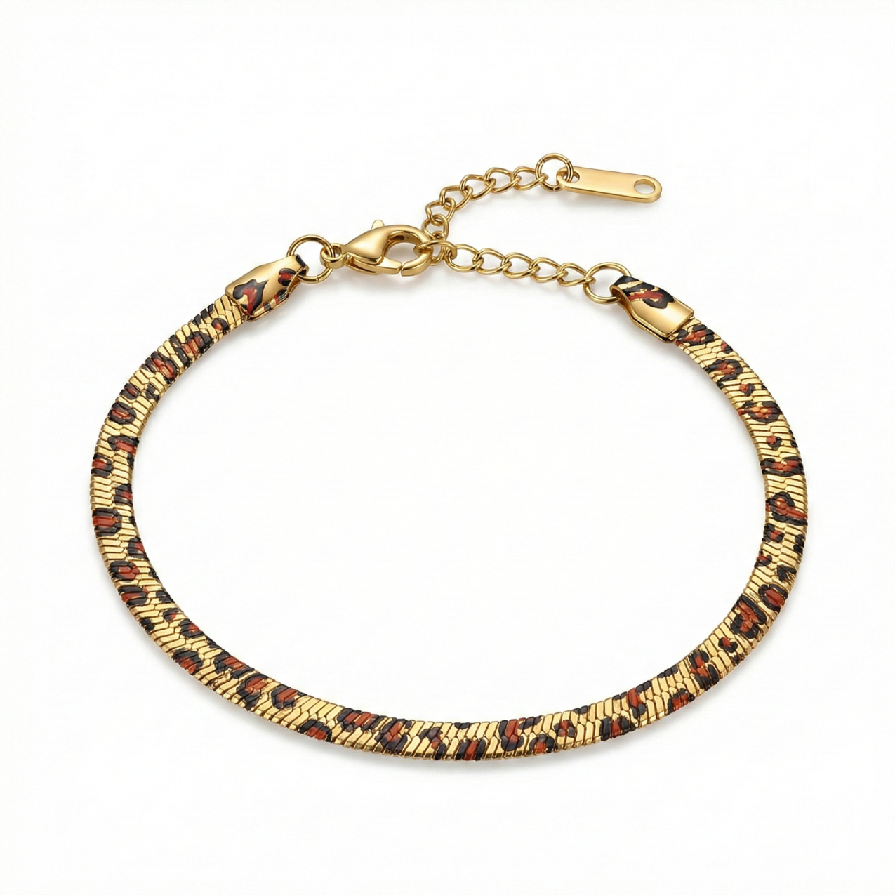Pulsera Plana de Eslabones con Estampado de Leopardo - 100% Acero Bañado en Oro 18K