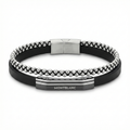 Bracelet pour homme en cuir noir avec double cordon et acier plaqué or blanc 18 carats - Fabriqué en Espagne