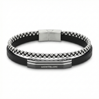 Bracelet pour homme en cuir noir avec double cordon et acier plaqué or blanc 18 carats - Fabriqué en Espagne