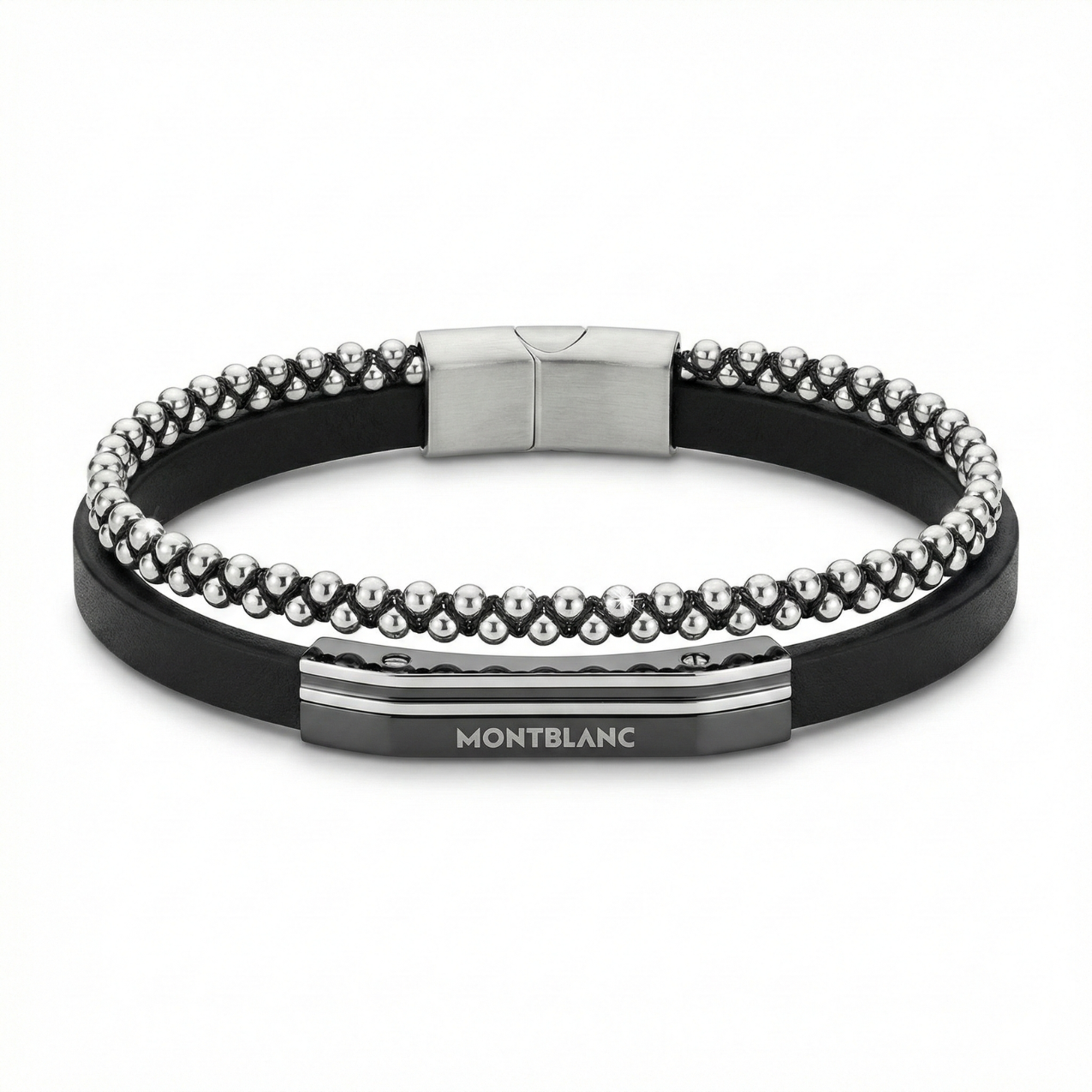 Bracelet pour homme en cuir noir avec double cordon et acier plaqué or blanc 18 carats - Fabriqué en Espagne