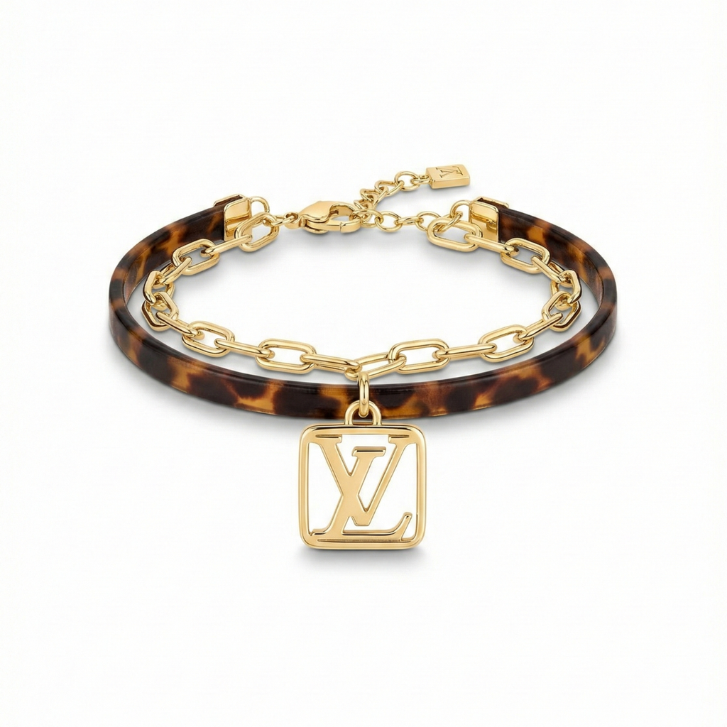 Bracelet double couche en écaille de tortue avec chaîne à maillons – Acier plaqué or 18 carats