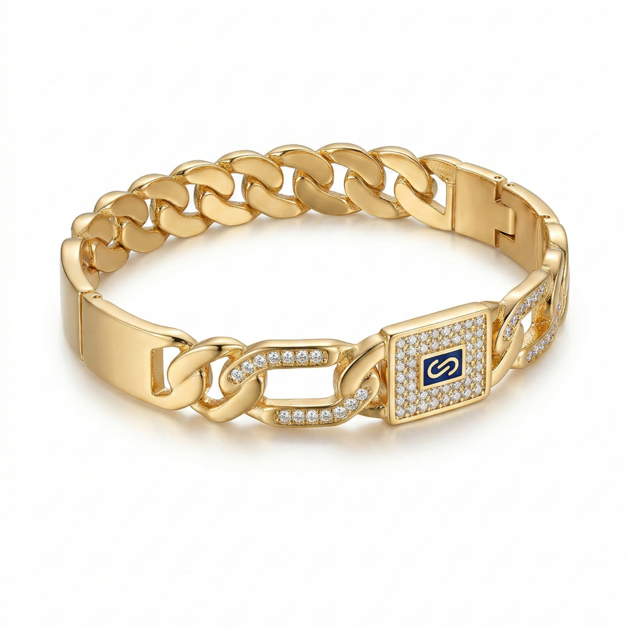 Pulsera de Eslabones "Curb" con Emblema Central y Brillantes – 100% Acero Bañado en Oro 18K