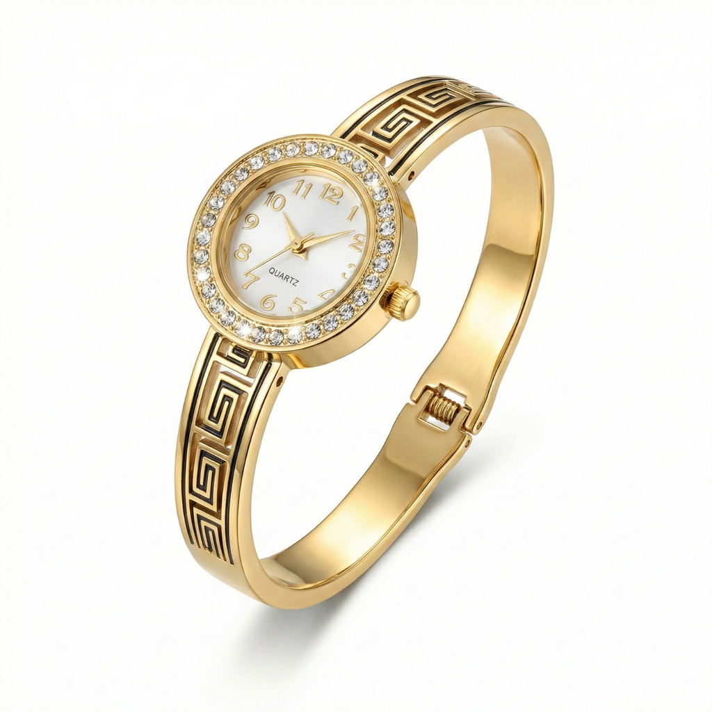 Rigid Bracelet Watch with Greek Key Pattern and Crystals – 100% 18K Gold Plated Steel