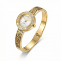 Rigid Bracelet Watch with Greek Key Pattern and Crystals – 100% 18K Gold Plated Steel