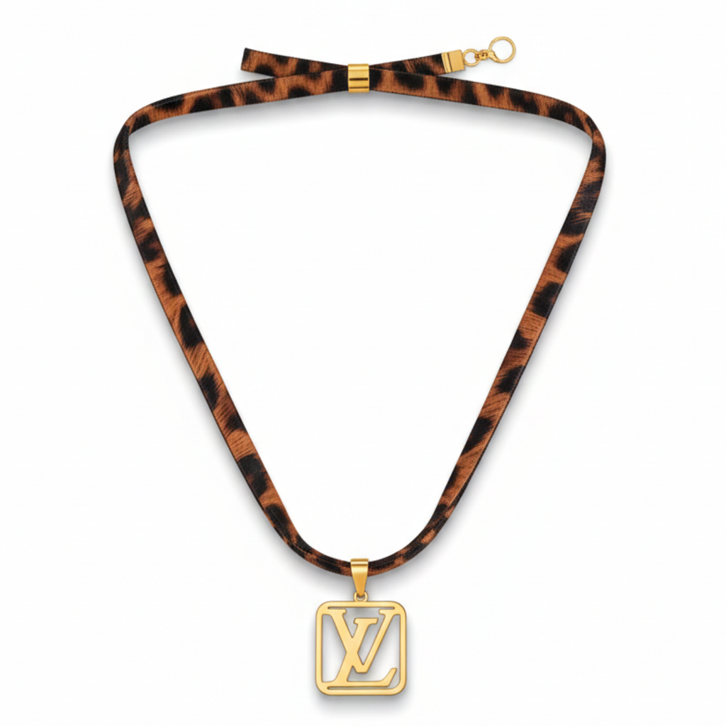 Leopard Print Ribbon Necklace with Rectangular Pendant – 100% 18K Gold Plated Steel