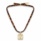 Leopard Print Ribbon Necklace with Rectangular Pendant – 100% 18K Gold Plated Steel