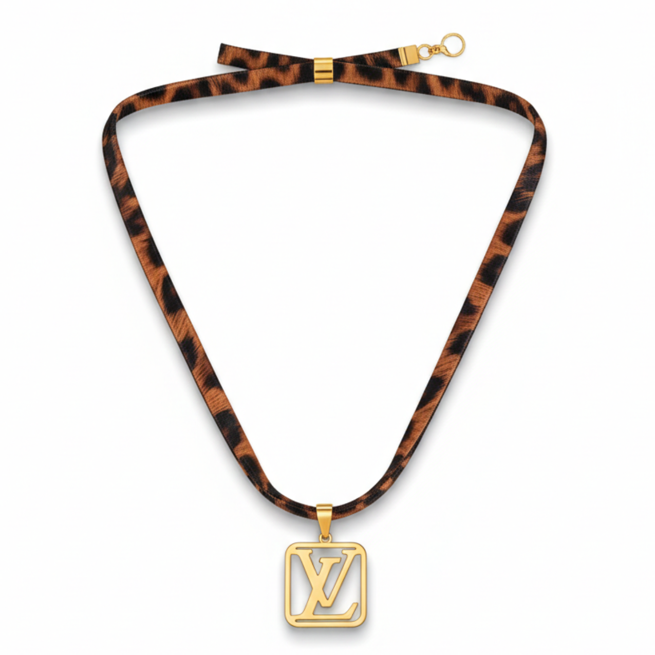 Collar de Cinta con Estampado de Leopardo y Colgante Rectangular – 100% Acero Bañado en Oro 18K