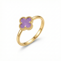 18K Gold Plated Steel Ring with Van Cleef Style Purple Clover - Adjustable Size