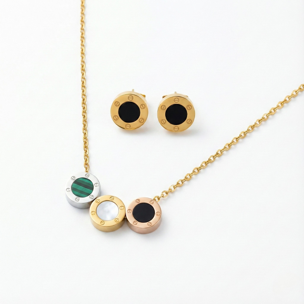 Conjunto de Collar y Pendientes de Círculos con Detalles de Color - 100% Acero Bañado en Oro de 18K