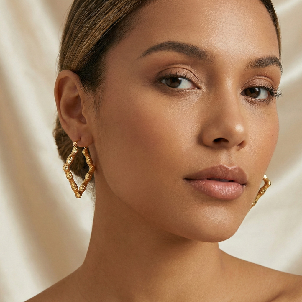 Boucles d'oreilles créoles carrées style bambou - 100 % acier plaqué or 18 carats