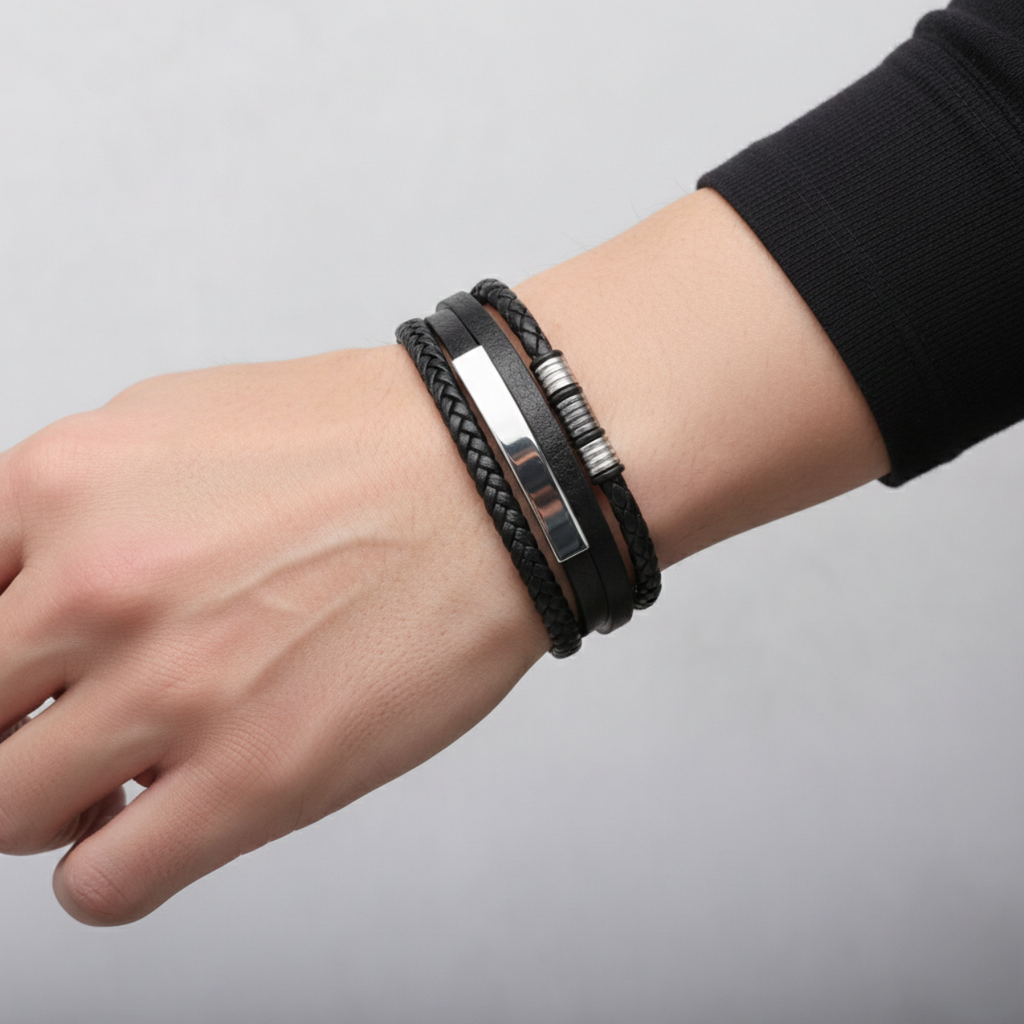 Multi-layer Bracelet of Braided Leather and 18K White Gold Plated Steel - Made in Spain