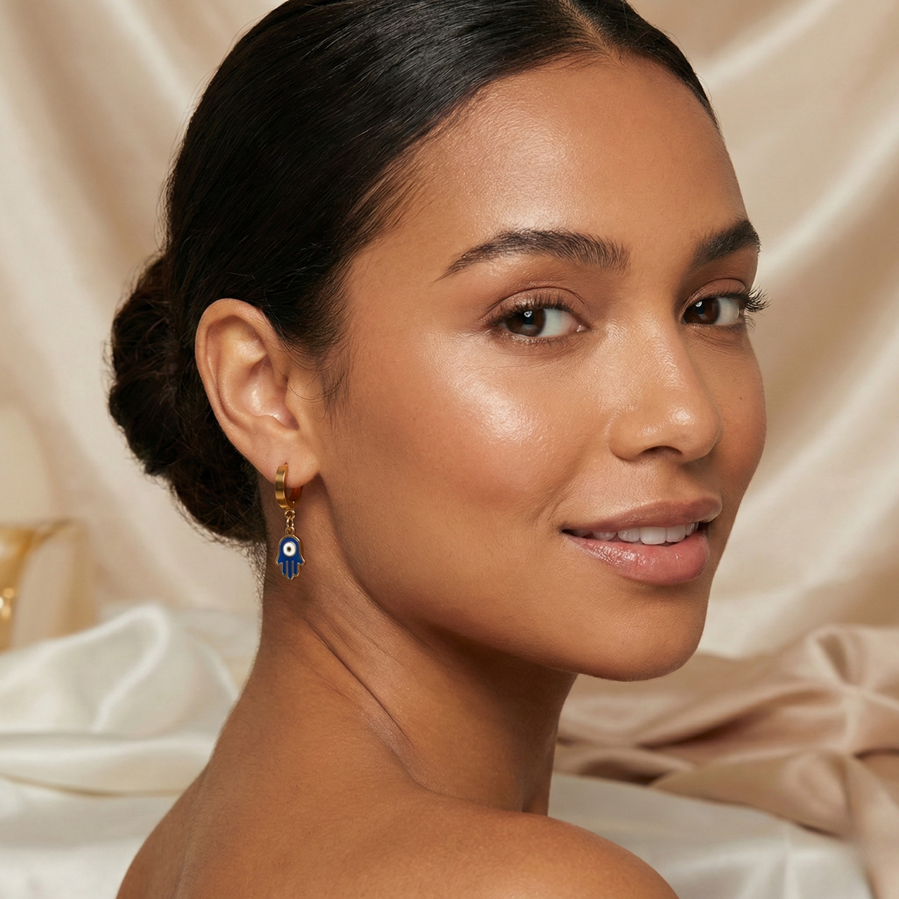 Hoop Earrings with Hand of Fatima Pendant - 100% 18K Gold Plated Steel